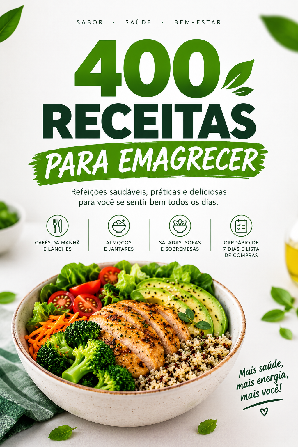 Capa do e-book 400 Receitas para Emagrecer, com tigela de frango grelhado, brócolis, abacate, quinoa, tomates e cenoura