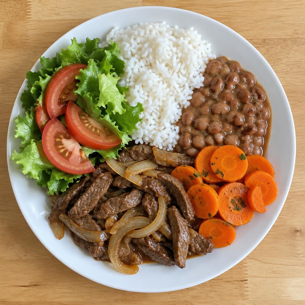 Carne acebolada com arroz, feijão, cenoura e salada