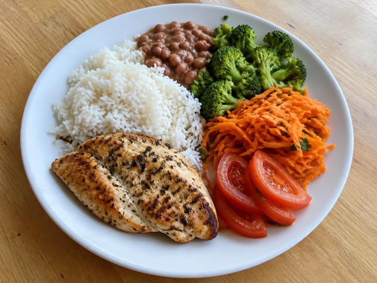 Frango grelhado com arroz, feijão, brócolis, cenoura e tomate