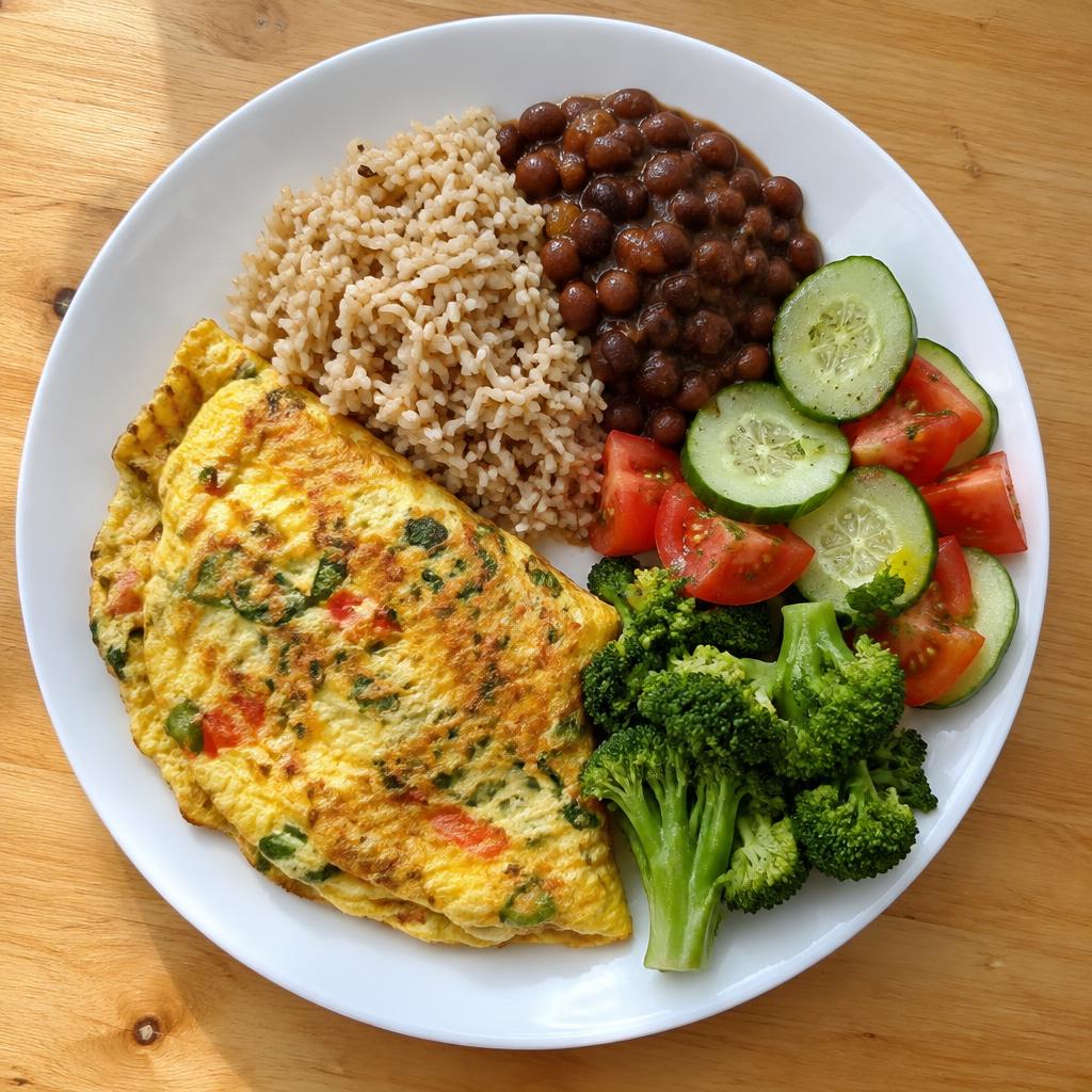 Omelete de legumes com arroz integral, feijão e salada